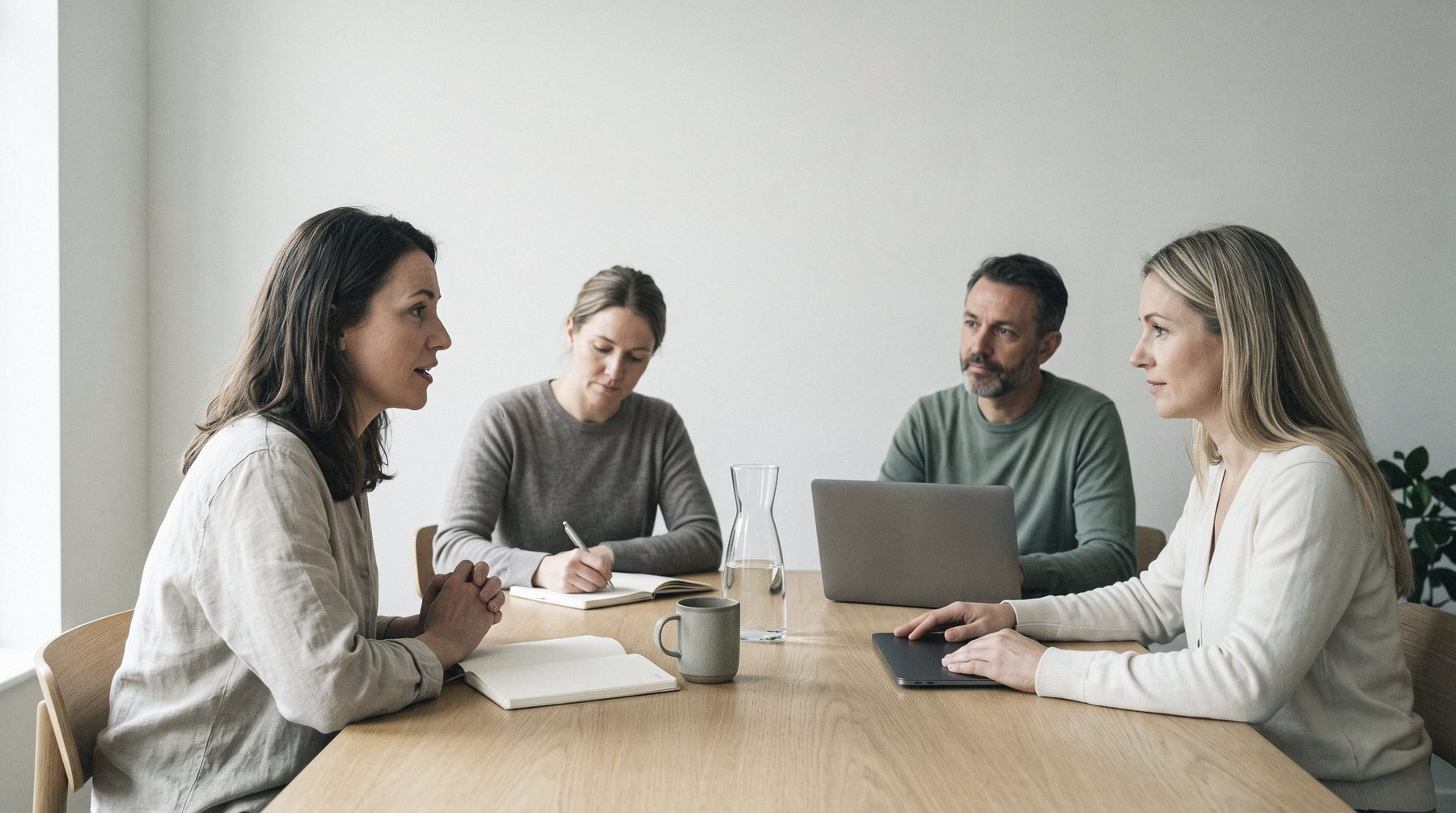 Cuatro personas de un equipo alrededor de una mesa de trabajo, con cuadernos y portátiles, durante una sesión de formación.